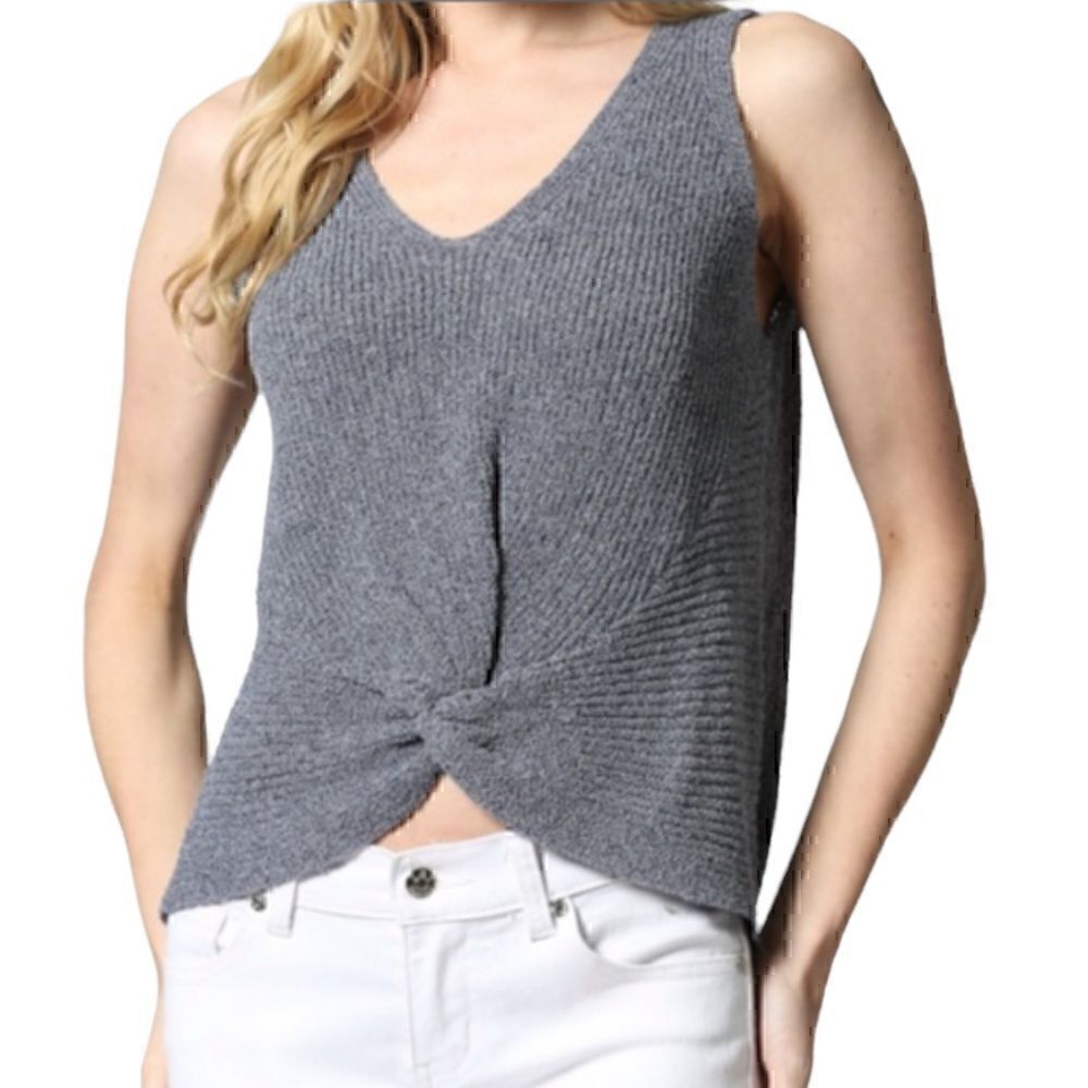 Fate Sweater Womens Sz Medium front knot sleeveless knit Top Gray V Neck light